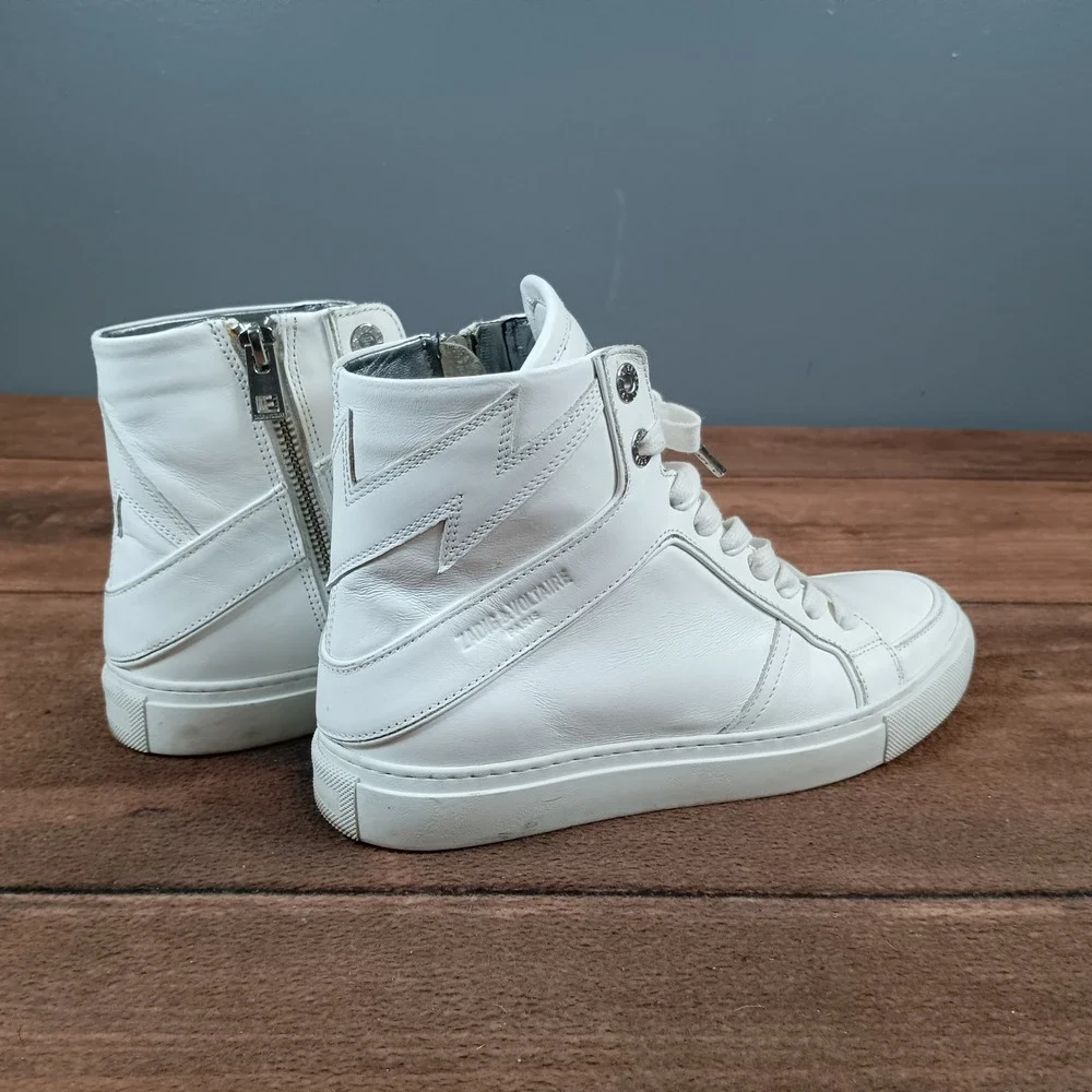 Zadig & Voltaire Paris White Leather High Top Sneakers Zip Lightning Bolt size37